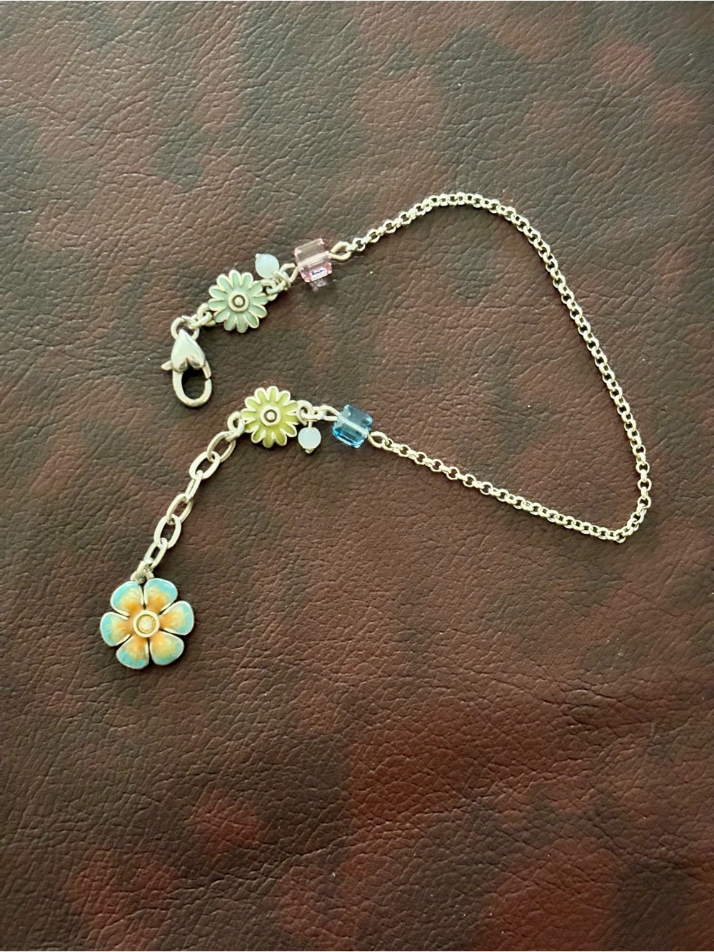 Brighton Chain ankle Bracelet with Blue and Pink Flower Charms